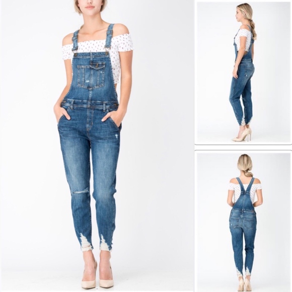Frayed Ankle Denim Overalls - Picture 2 of 3
